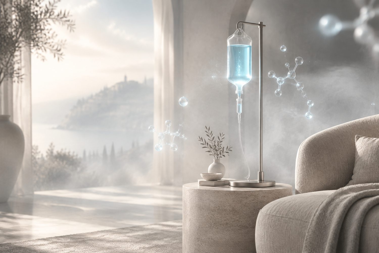 Un soggiorno luminoso con una flebo dal liquido azzurro, nella nebbia