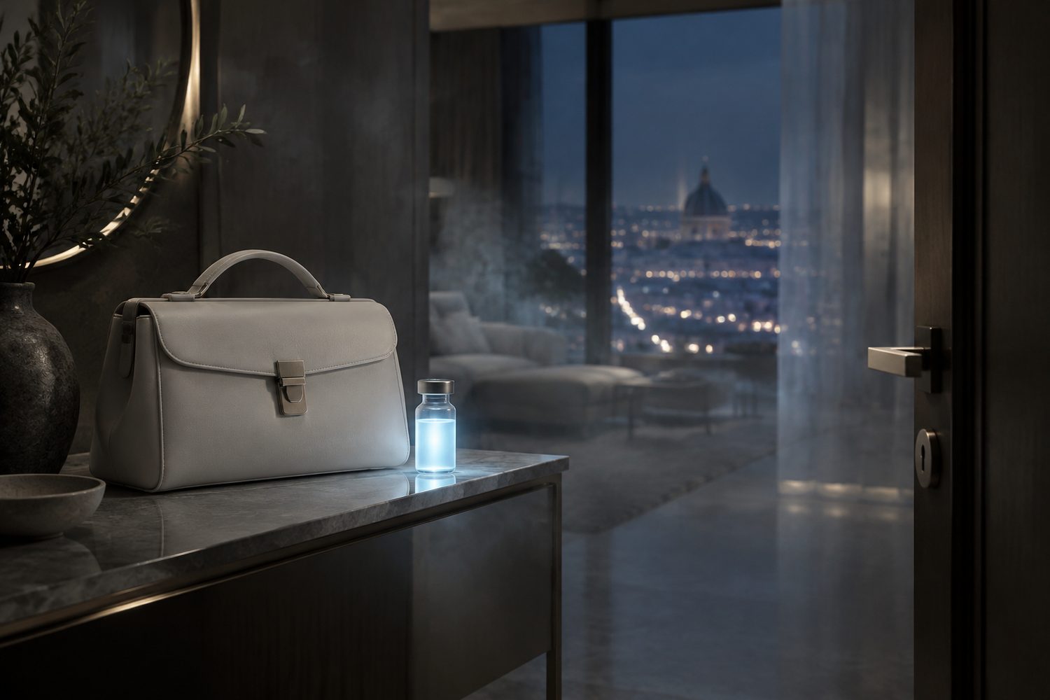 L'ingresso di una casa di sera, con una borsa medica bianca e una fiala che si illumina